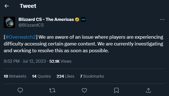 Overwatch 2 is aware of the "Error starting game, trying again" message