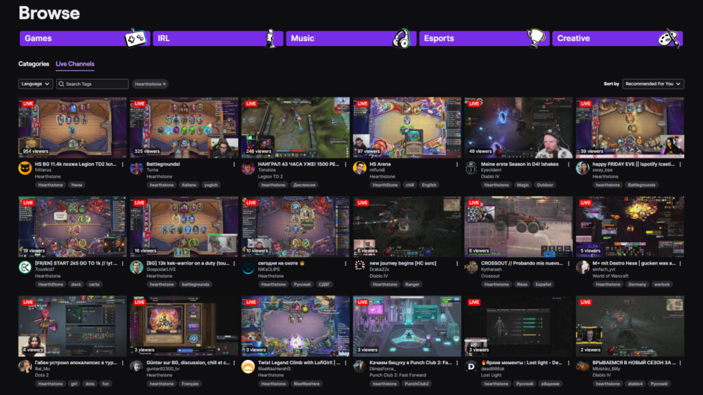 The Hearthstone section on Twitch