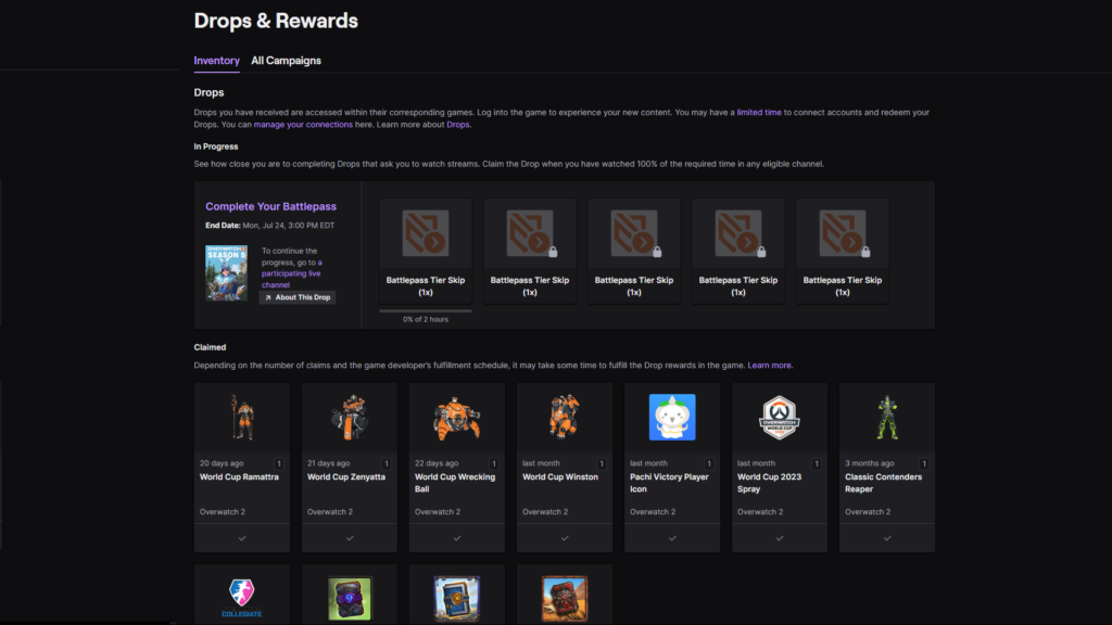 Inventory page for Twitch drops