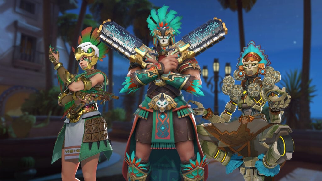 Aztec Sombra, Eagle Warrior Reaper, and Huitzilopochtli Zenyatta in Overwatch 2