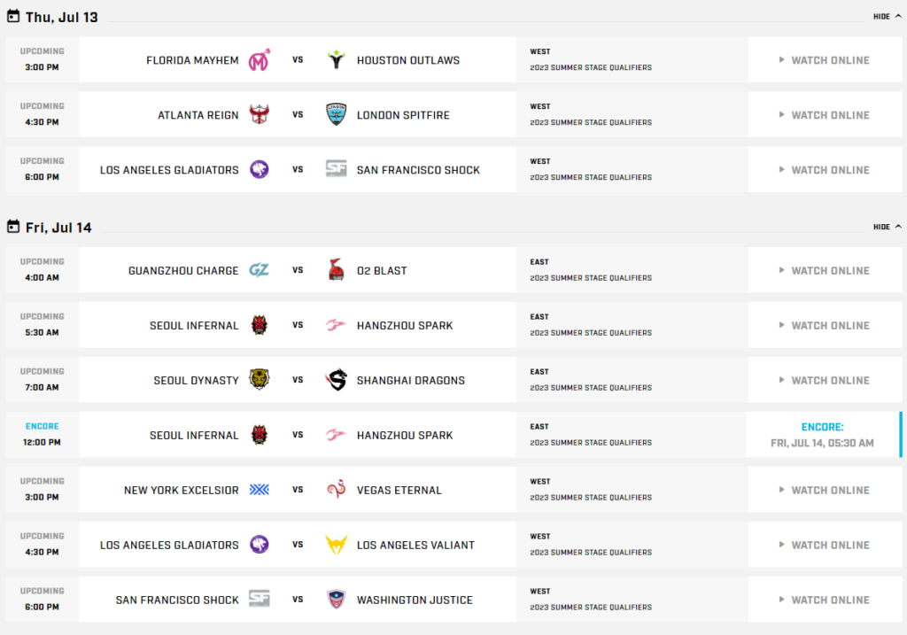 Overwatch League Summer Stage 2023 schedule 