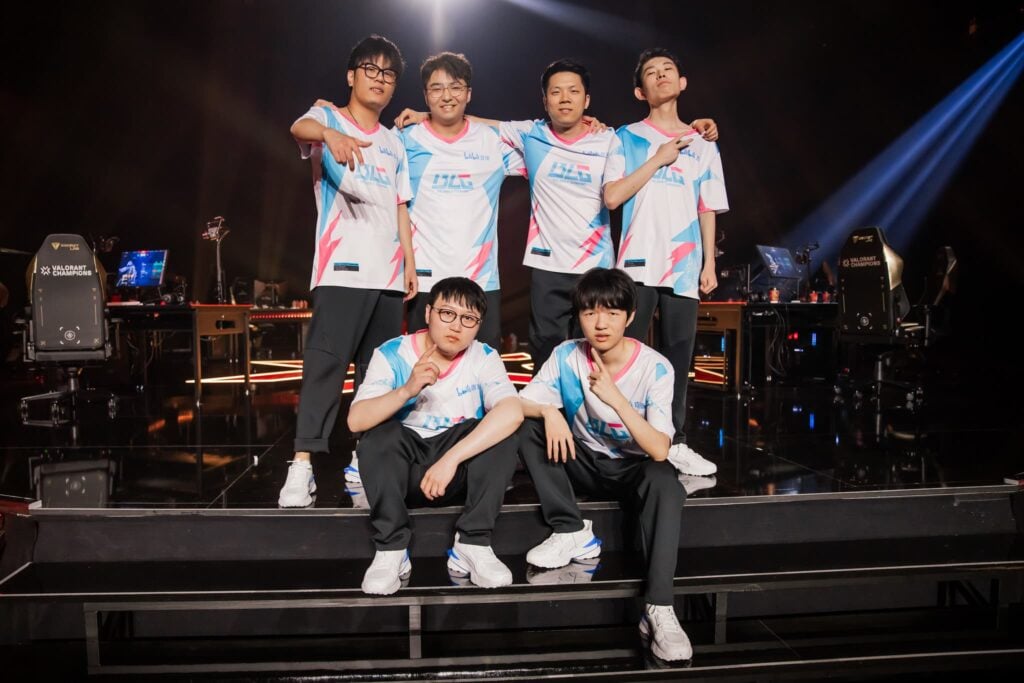 BLG, who faces FNATIC, poses onstage after victory against NRG at VALORANT Champions Los Angeles Group Stage at the Shrine Expo Hall on August 8, 2023 in Los Angeles, California.