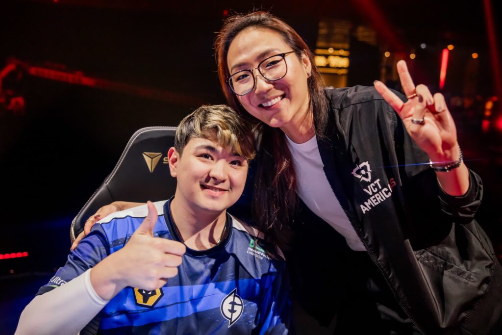 Corbin "C0M" Lee (L) and coach Christine "potter" Chi of Evil Geniuses are seen at VALORANT Champions Los Angeles Playoffs Stage at the Shrine Expo Hall on August 17, 2023 in Los Angeles, California. 