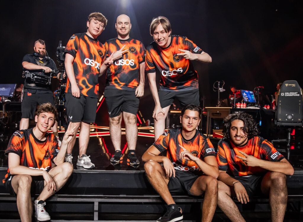 Fnatic, who faces BLG, poses onstage after victory against ZETA DIVISION at VALORANT Champions Los Angeles Group Stage at the Shrine Expo Hall on August 8, 2023 in Los Angeles, California.