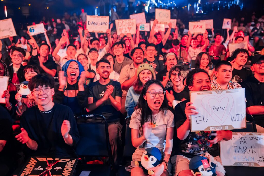 Fans cheer in the audience at VALORANT Champions Los Angeles Group Stage at the Shrine Expo Hall on August 7, 2023 in Los Angeles, California.