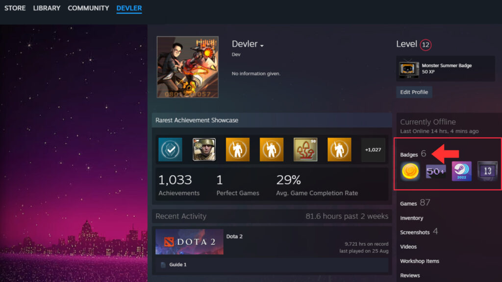 Step 1: Open your Steam profile and click on "Badges" on the right hand side of the page.