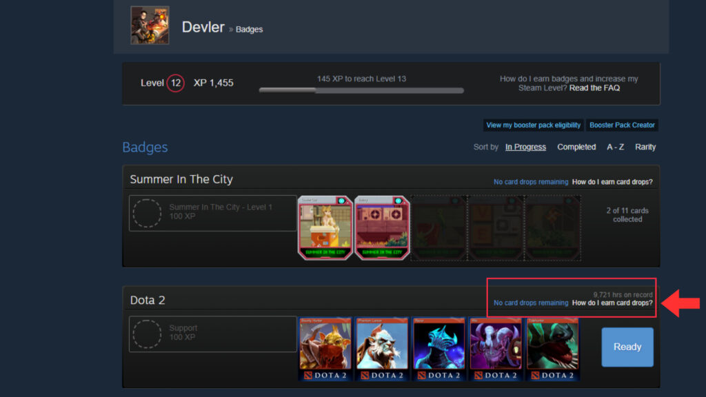Step 2: Scroll toward Dota 2 and click on "How do I earn card drops?" on the right hand side of the page.
