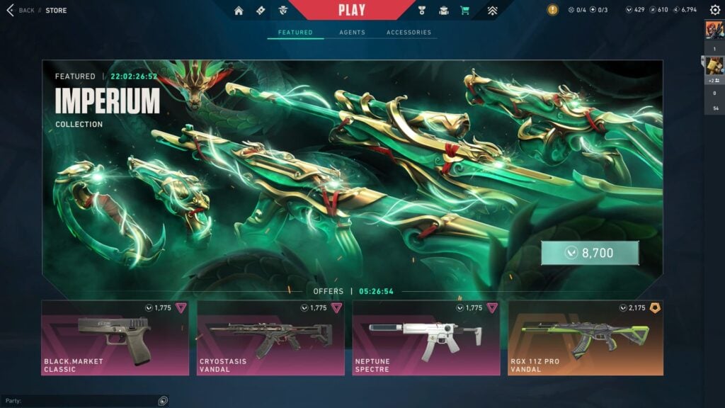 The VALORANT Imperium bundle is shown as the featured item in the game's shop.