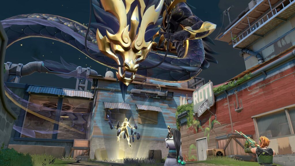 A dragon emerges from the final kill as the finisher of the obsidian variant in the VALORANT Imperium Bundle.