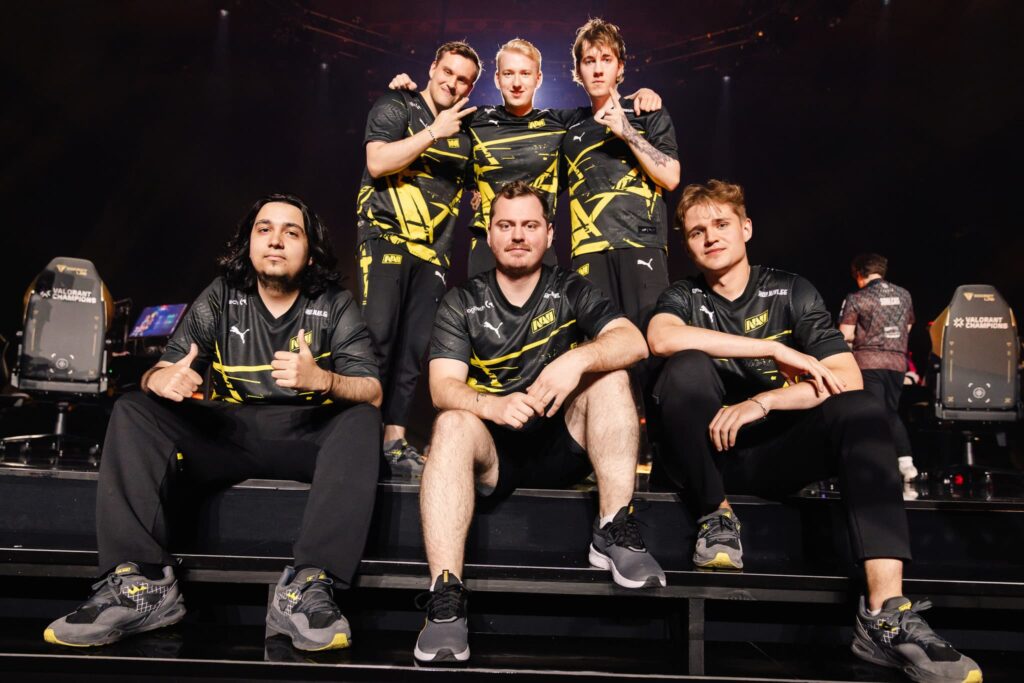NAVI, who goes against DRX in Group D, poses onstage after victory against Team Liquid at VALORANT Champions Los Angeles Group Stage at the Shrine Expo Hall on August 6, 2023 in Los Angeles, California.