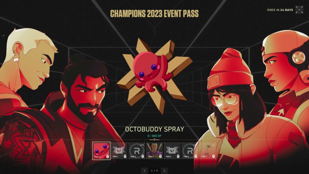 The Octobuddy Spray in the VALORANT Champions 2023 event pass.