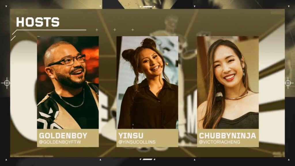 Goldenboy, Yinsu, and ChubbyNinja are shown as the VALORANT Champions 2023 hosting talent.