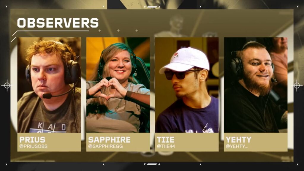 The VALORANT Champions 2023 observing talent are shown as Prius, SapphiRe, Tiie, and Yehty.