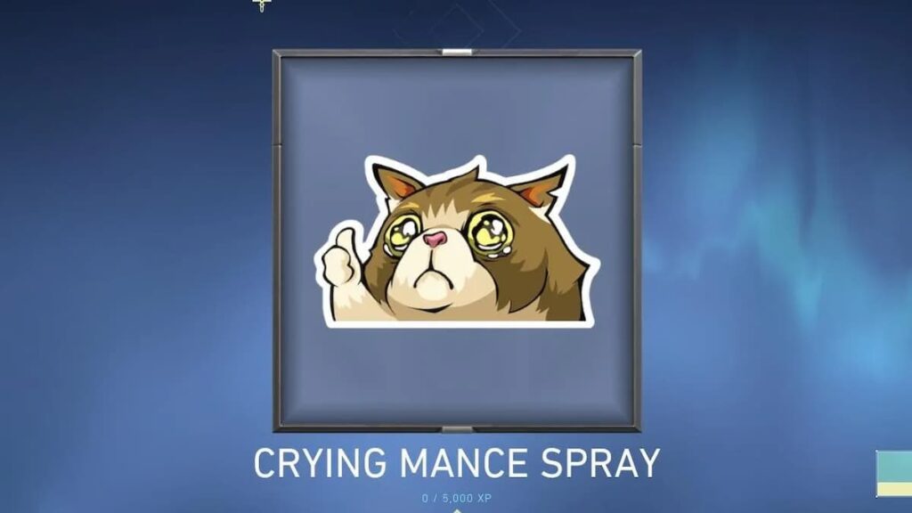 A look at the Crying Mance Spray, which you'd be able to Favorite right upon unlocking after the VALORANT 7.03 patch notes go live.