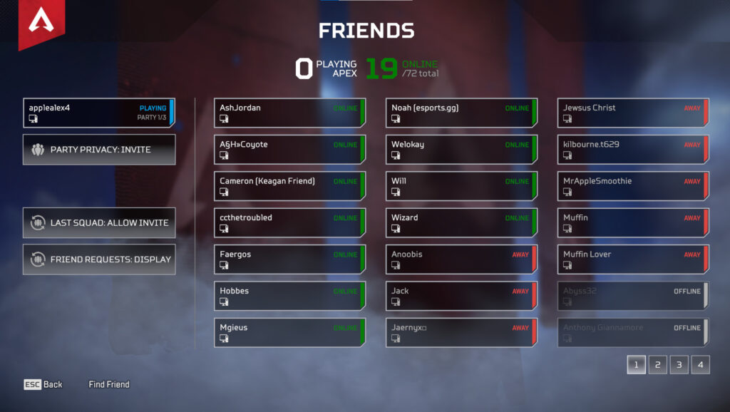 How Steam friends appear on the Friends page in Apex