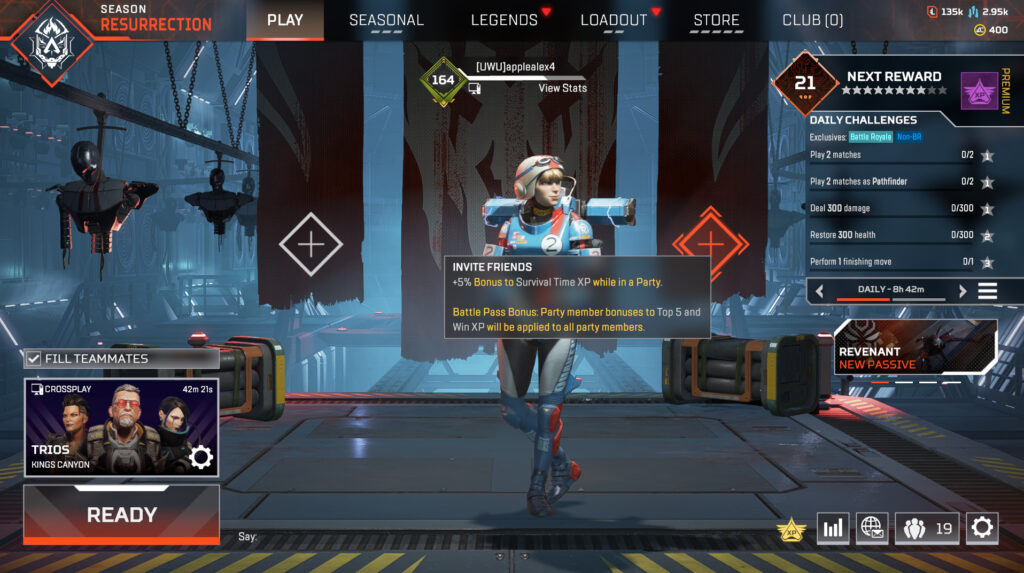 The Apex Legends lobby with the + button to add friends highlighted