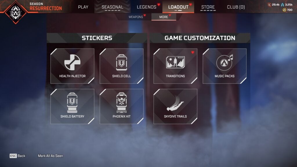 Apex Legends Dive Trails menu in-game