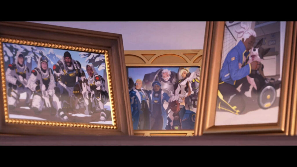 Sojourn's framed photos of Overwatch members
