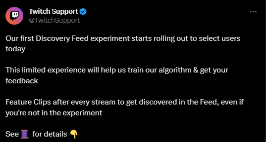 Twitch is rolling out its first Discovery Feed experiment to select users who will get a chance to have their featured clips make it to the discovery feed.