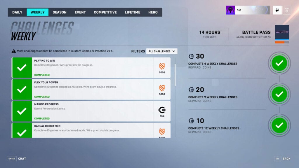 Complete weekly challenges to gain Overwatch 2 Season 6 Battle Pass XP