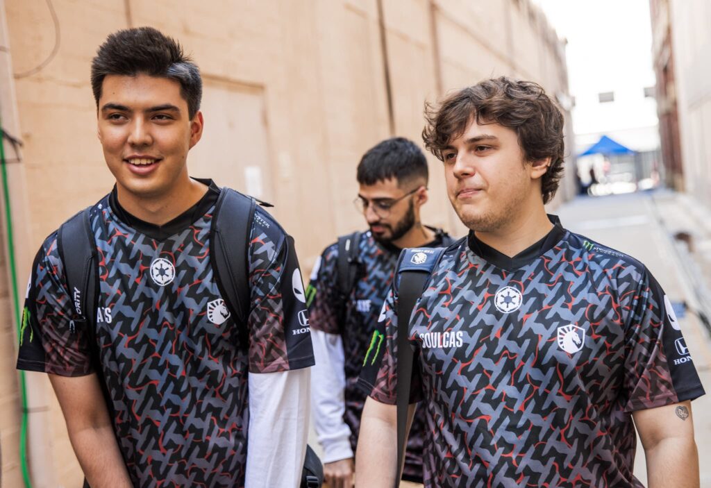 (L-R) Ayaz "nAts" Akhmetshin, Saif "Sayf" Jibraeel and Dom "soulcas" Sulcas of Team Liquid arrive at VALORANT Champions Los Angeles Group Stage at the Shrine Expo Hall on August 6, 2023 in Los Angeles, California.