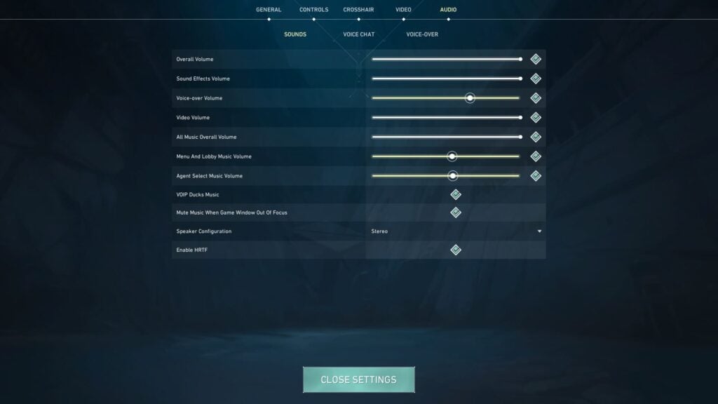 The Sounds section of the Audio menu shows the best VALORANT audio settings selected.