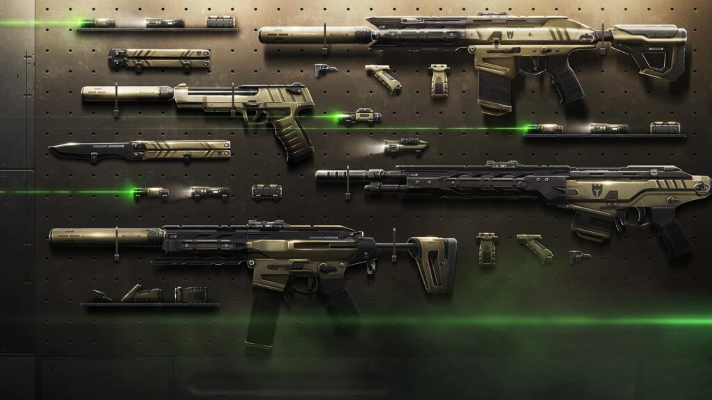 The Recon collection, showcasing a Spectre, Guardian, Ghost, Phantom, Melee, and various attachments.