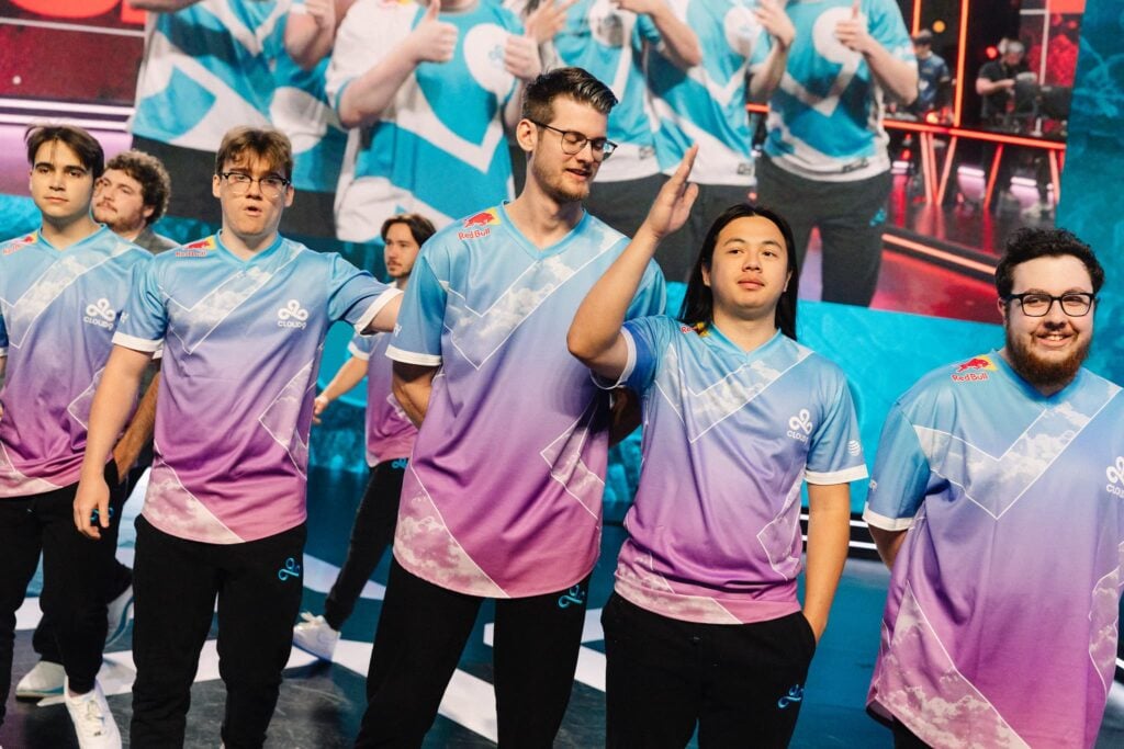 Cloud9 VALORANT poses onstage before competing during 2023 VCT Americas Last Chance Qualifier at the Riot Games Arena on July 18, 2023.