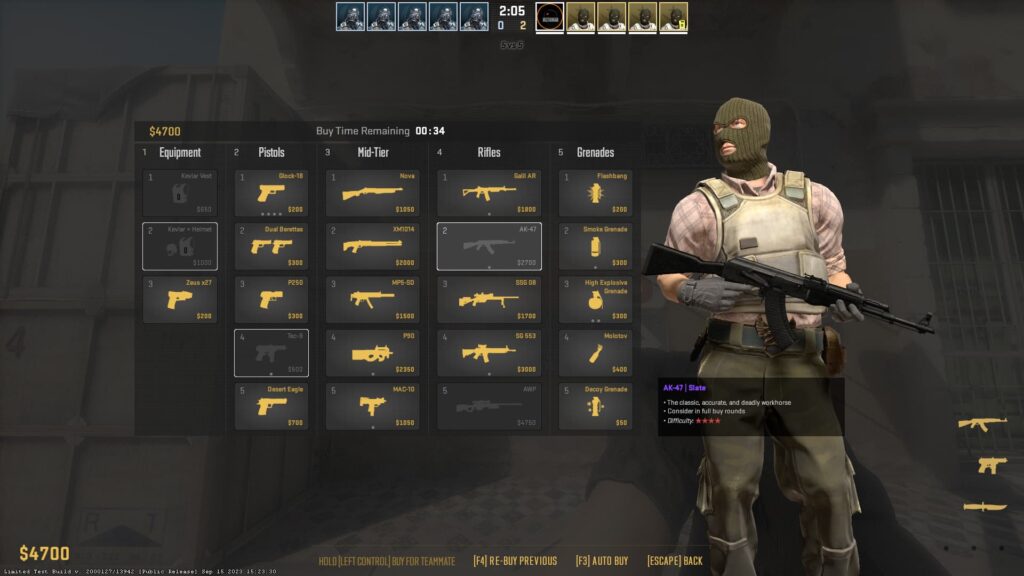 The CS2 Buy Menu shows a player already with an AK-47 in their inventory.