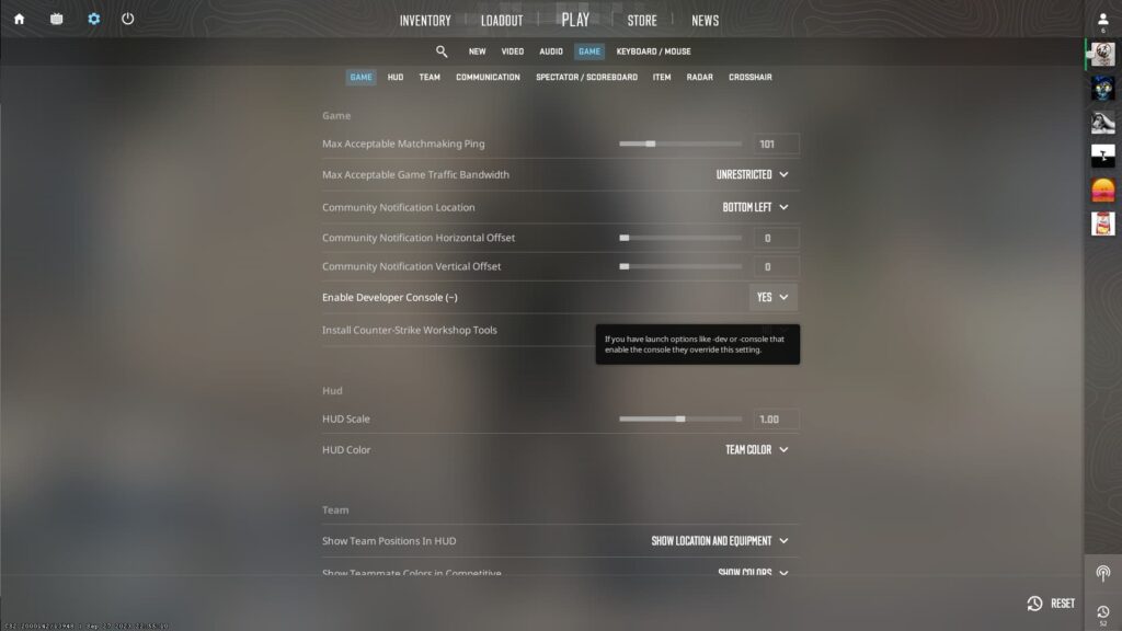 The CS2 settings menu shows the open console open as enabled.