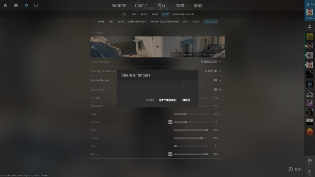 The Share or Import crosshair box is shown in the CS2 settings.