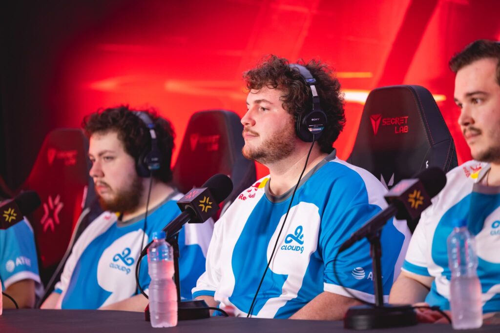 Coach Matthew "mCe" Elmore of Cloud9 (C) participates in a post match press conference at the VALORANT Champions Tour 2023: LOCK//IN Groups Stage on February 18, 2023 in Sao Paulo, Brazil.