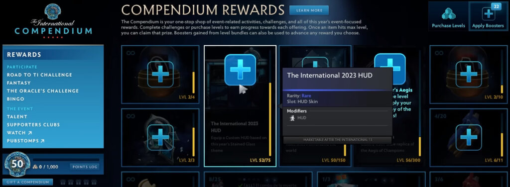 Dota 2 TI12 2023 Compendium - Using boosters to increase levels toward Collector's Aegis (Image via Dota)