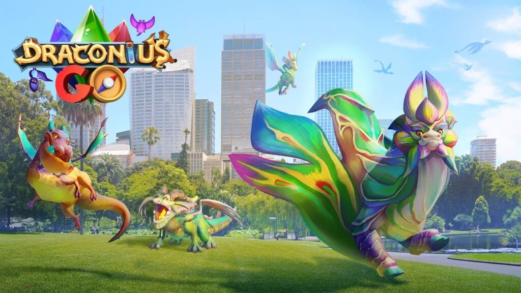 Dragons gather in a Park in Draconius Go, a game like Pokemon GO.