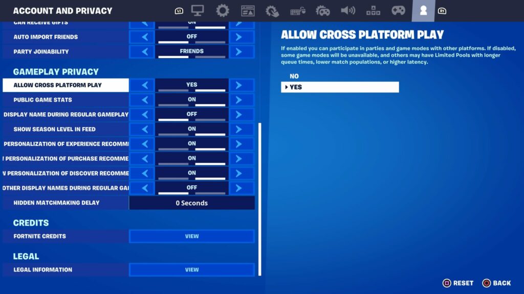 The Gameplay Privacy section of Fortnite shows Allow Cross Platform Play as yes.