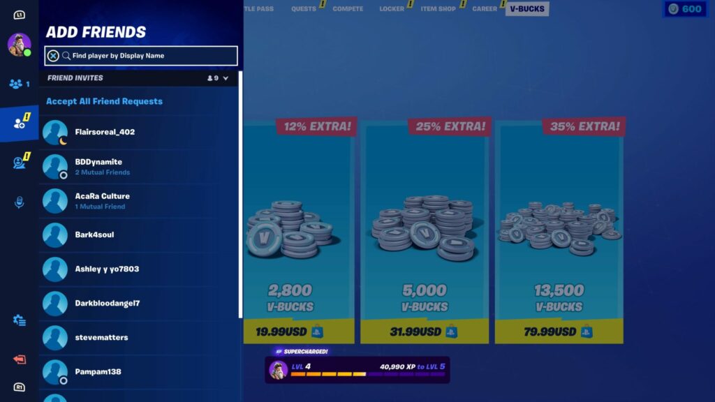 The Add Friends section shows where you can enter a display name to add a friend in Fortnite.