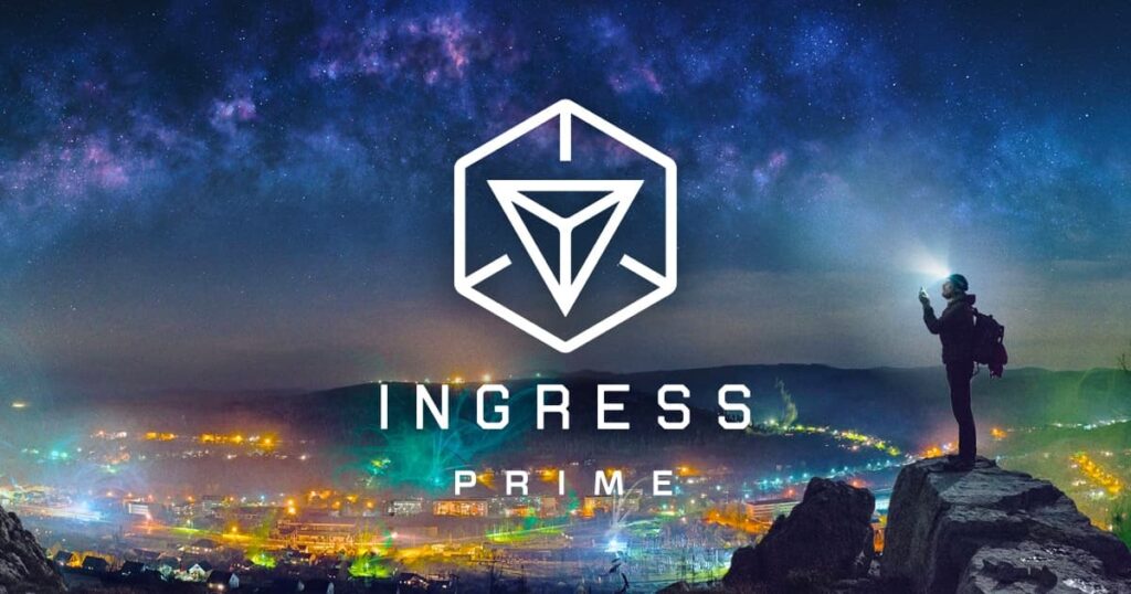 A hiker stands on a mountain above a city with the Ingress Prime logo in the center of the image.