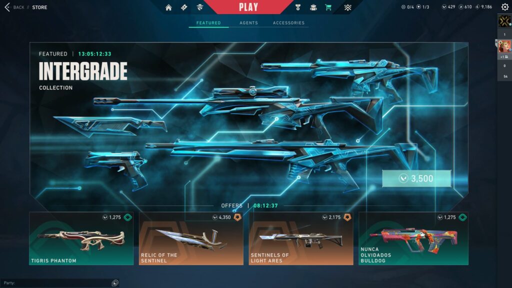 The featured VALORANT shop bundle is the Intergrade Bundle.