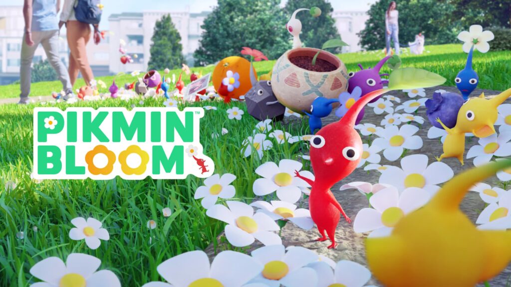 Several Pikmin carry items and bloom flowers in a park in Pikmin Bloom, a game like Pokemon GO.