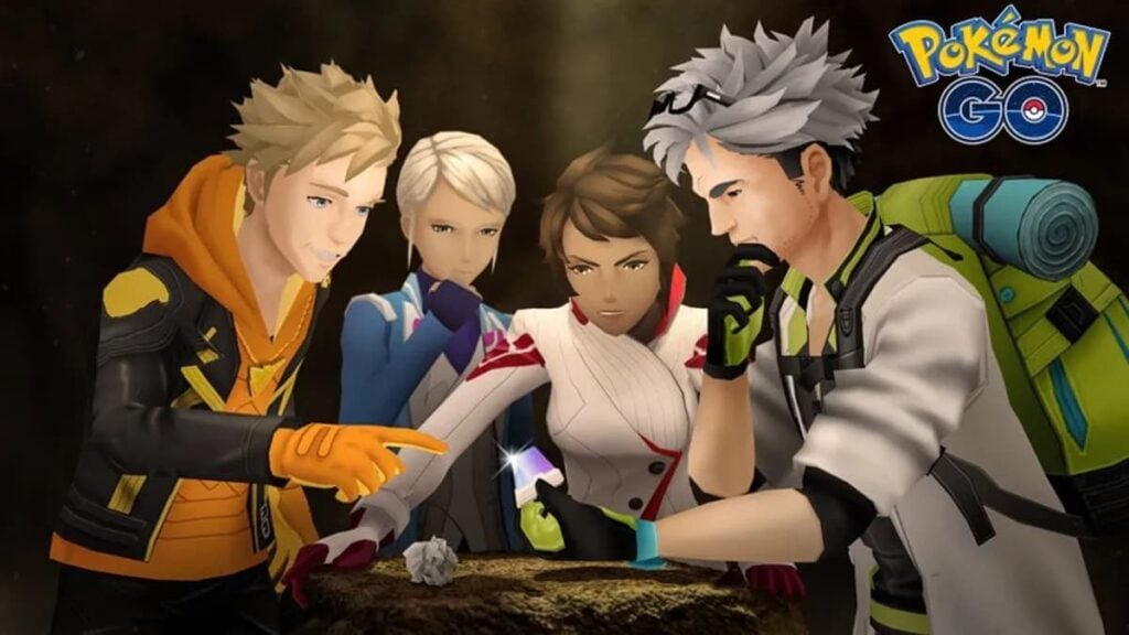The team leaders and professor of Pokémon GO gather around a rock to review an item.
