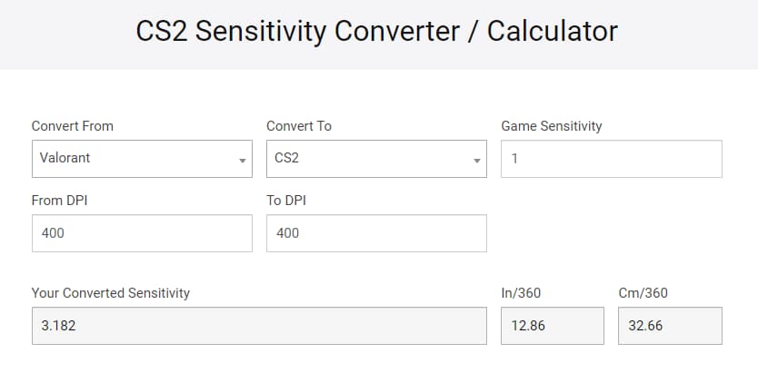 The converter shows VALORANT sensitivity to CS2 sensitivity.