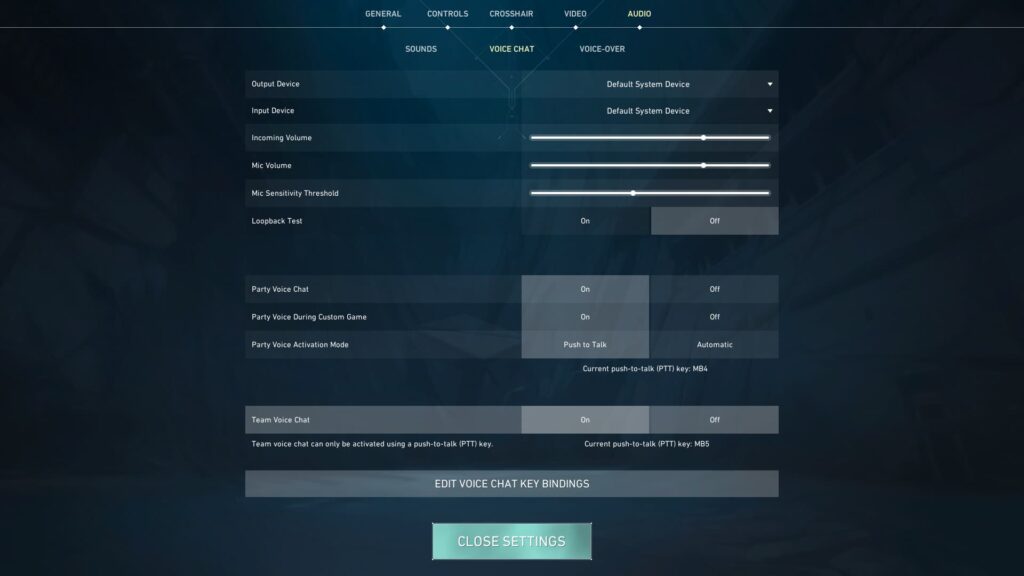 The Voice Chat settings in VALORANT will ensure you voice chat is working with volume and microphone adjustments.