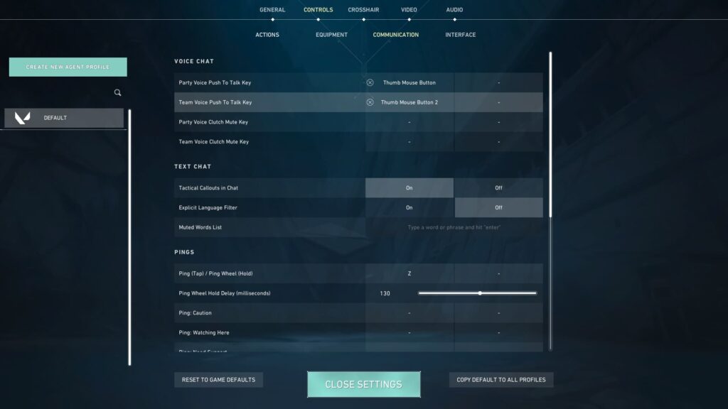 The Communication settings in VALORANT allow you to set a push to talk bind so your voice chat can get to working.