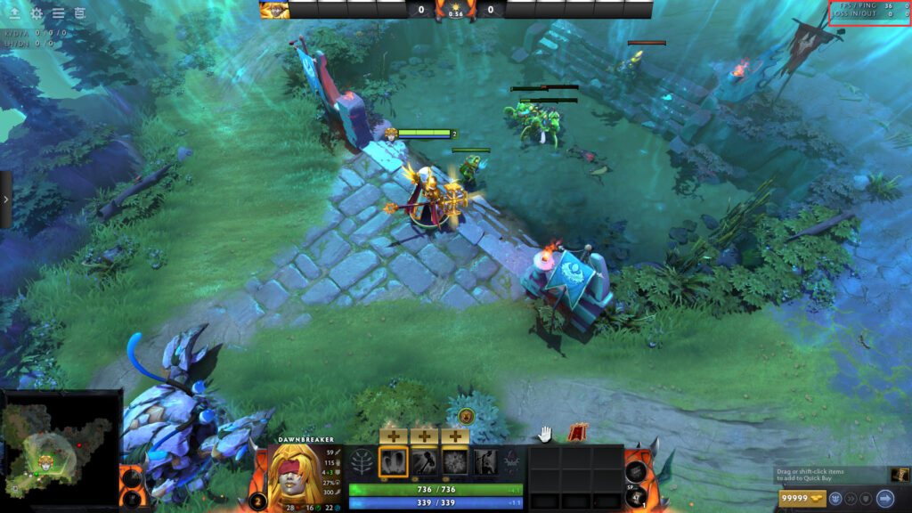You can view your FPS in Dota on the upper right hand side of your screen (Image via Dota)