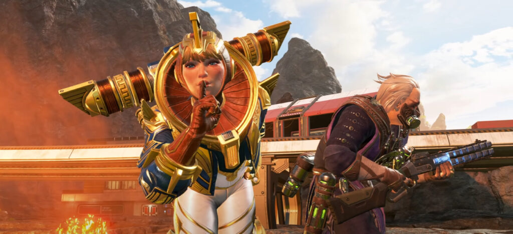 Wattson shushing the camera, next to Caustic.