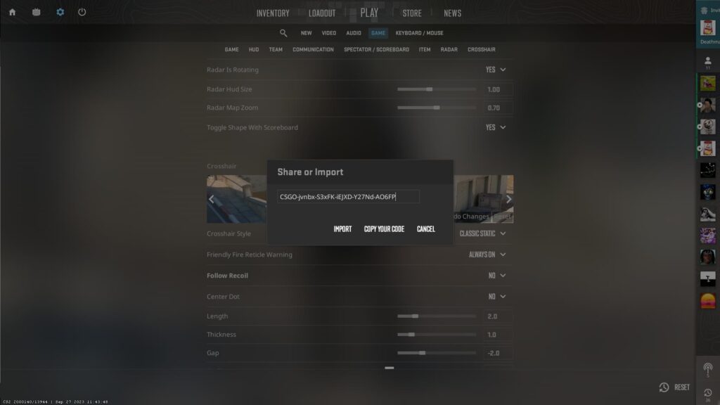 The CS:GO crosshair code for pro player dev1ce is being imported into CS2.