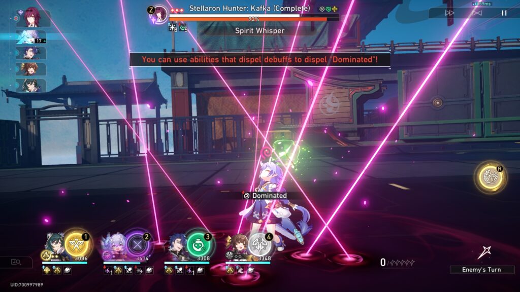 Kafka's Spirit Whisper dominates a single target for 3 turns