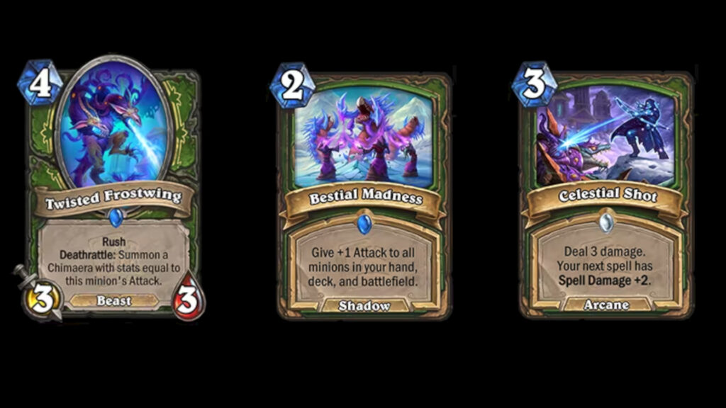 A few Hunter cards include Twisted Frostwing, Bestial Madness, and Celestial Shot