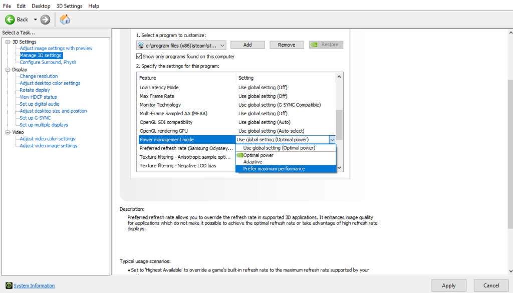 NVIDIA Control Panel screenshot 