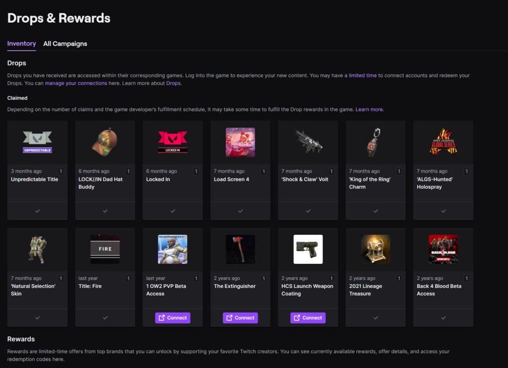 Twitch Drops Inventory Page